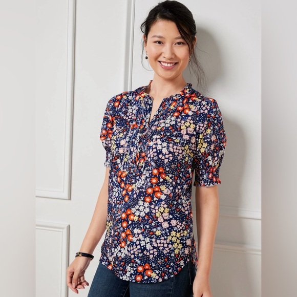 Talbots Navy Floral Print Blouse - Picture 1 of 8